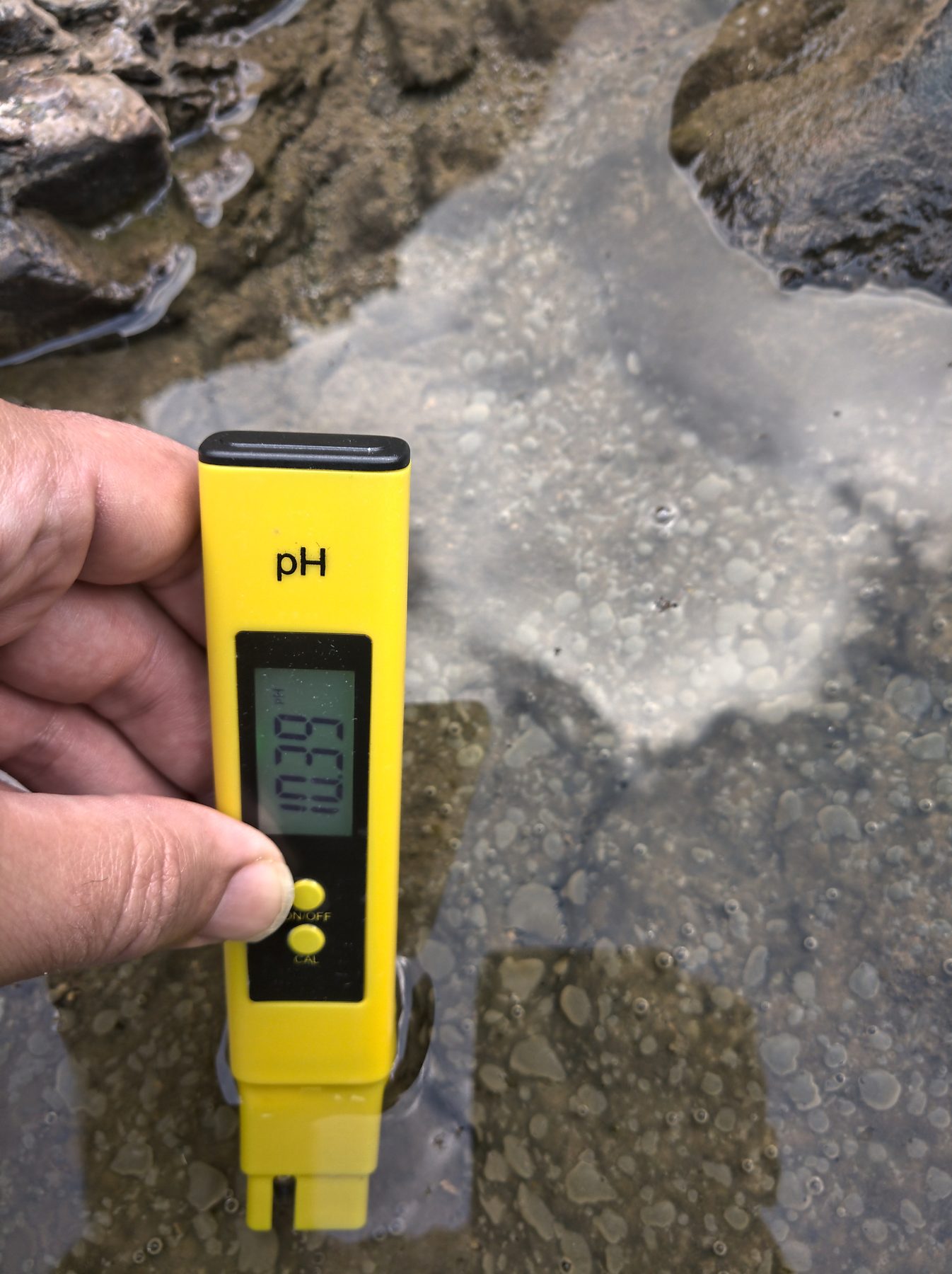 A pH meter reading about 11 over a carbonate-crusted spring